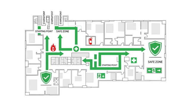 Fire evacuation plan, safety route map, emergency exit strategy, floor plan