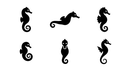 Seahorse silhouette icons set, black sea horse vector collection, aquatic animal symbols for marine branding, 6 minimalist ocean life elements © Shohag
