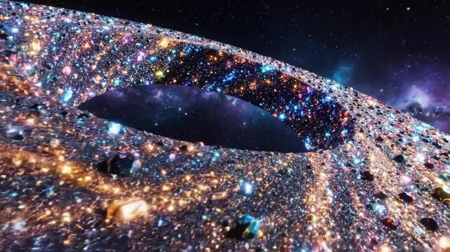 Cosmic spectacle of a ring-shaped celestial structure composed of shimmering celestial bodies against a starry backdrop