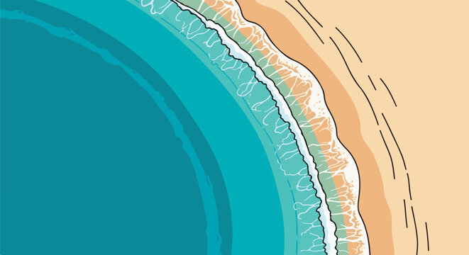 Aerial view of gentle waves lapping a sandy beach with abstract lines