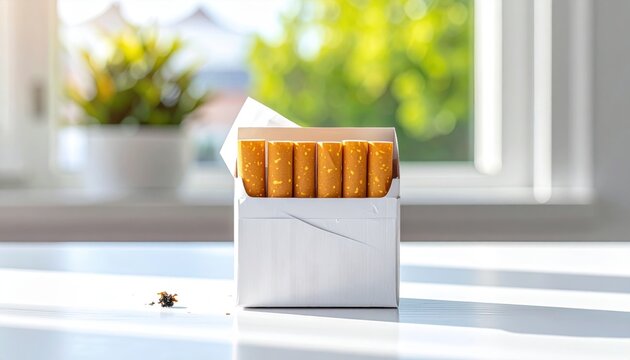 A full pack of cigarettes with visible filters sits open on a bright surface with a blurred green background
