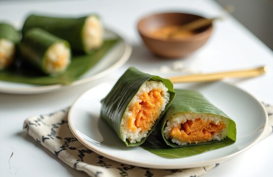 Lontong isi oncom served on banana leaves. Steamed rice parcels stuffed with vegetables are ready for a delicious Indonesian meal. A healthy rice dish with rich filling.