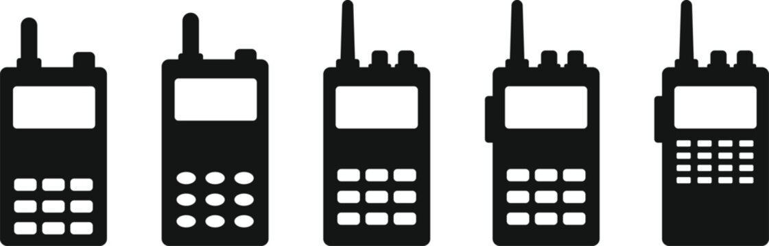Walkie Talkie Icon Set. Portable transceiver and wireless design. Walkie talkie and signal waves symbol. Modern web policy signs
