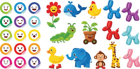 Naklejka premium Cute Cartoon Icons and Animal Characters Collection with Emoji Faces Balloon Dogs Elephant Duck and Caterpillar Vector Illustration Set