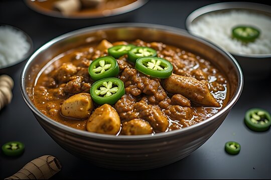  A bowl of nihari with rich gravy and garnished with ginger slices and green chilies.