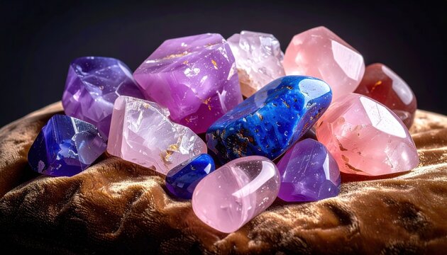 A Scattered Collection of Polished Amethyst, Rose Quartz, and Lapis Lazuli Gemstones