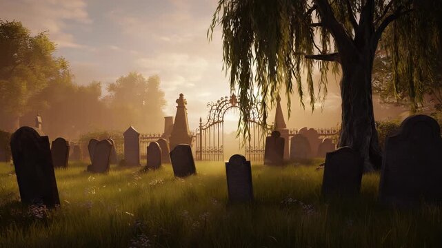 Cinematic view of an ancient cemetery at golden hour, featuring weeping willow branches, misty fog, and weathered tombstones.