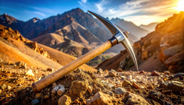 A gleaming metal pickaxe rests on rocky ground in a rugged mountain landscape bathed in golden sunlight