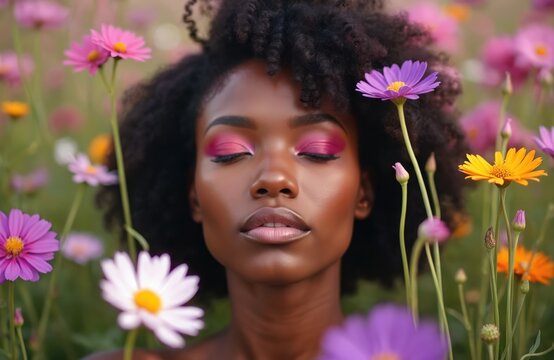 Black woman with eyes closed, serene face, surrounded by colorful cosmos flowers. Natural beauty and peacefulness in a garden setting, blooming with life. Soft pink makeup enhances her natural glow.