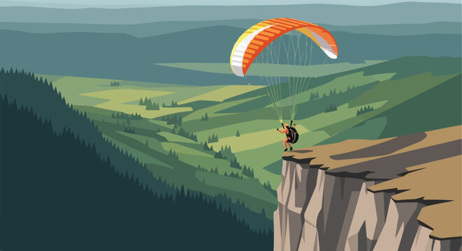 Person paragliding off a high cliff overlooking a scenic green mountain valley