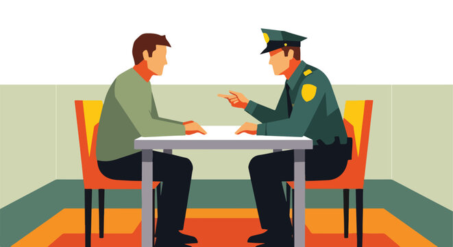 An officer in uniform interrogates a man sitting across a table in an office