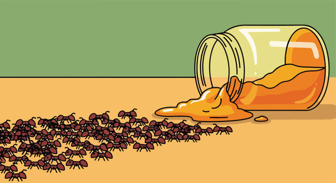 A cartoon illustration of a swarm of ants crawling toward a spilled jar of honey