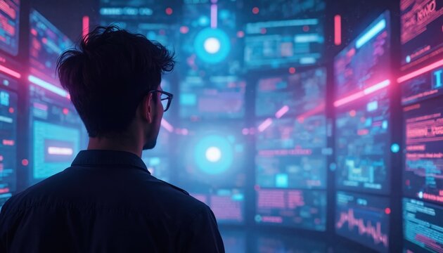 Man in glasses looks at futuristic digital screens with data streams and glowing nodes. He analyzes complex information in a high tech control room environment. AI and big data concepts visualized.