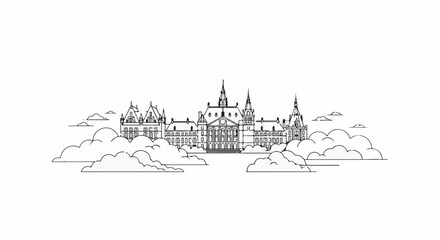 Fototapeta premium Ornate building with multiple towers rises majestically above fluffy white clouds