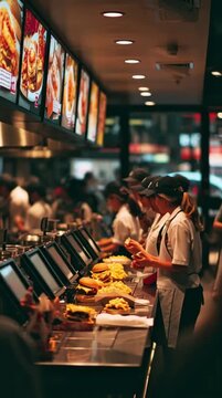 Busy Fast Food Kitchen Interior with Staff Preparing Burgers - Professional Restaurant Teamwork Animation