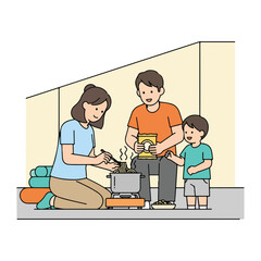 Fototapeta premium A happy family cooking noodles together on a portable stove indoors