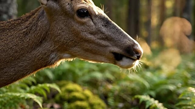 Close-up of a deer eating green plants in a sunlit forest, chewing and swallowing food, with natural outdoor background