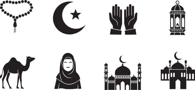 Islamic culture silhouette icons, crescent moon star symbols, mosque architecture artwork, prayer beads lantern design