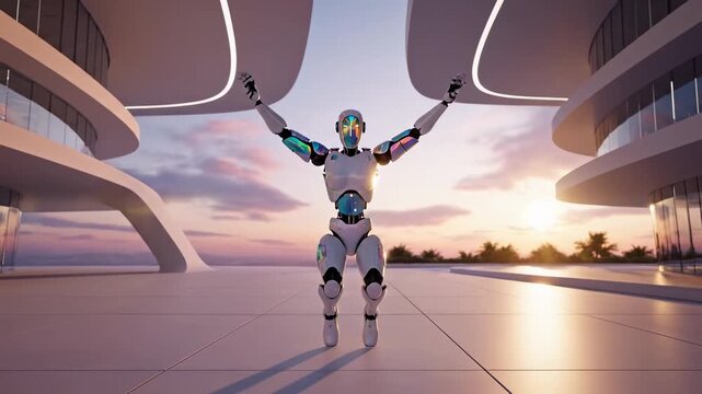 Iridescent humanoid robot hovering in a futuristic courtyard between curved white buildings at sunset, pastel sky and sleek architecture, concept of utopian future technology