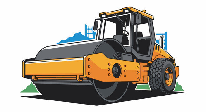 Illustration of a bright orange and gray steamroller with a blue cityscape background
