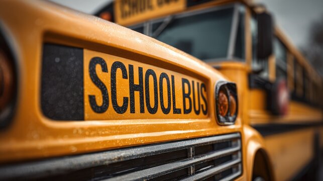 Yellow school bus parked on the street with rain droplets on the windshield during a cloudy day in the city