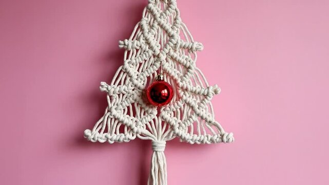 Handmade macrame Christmas tree with a red ornament decoration hanging on a pink wall for the winter holidays