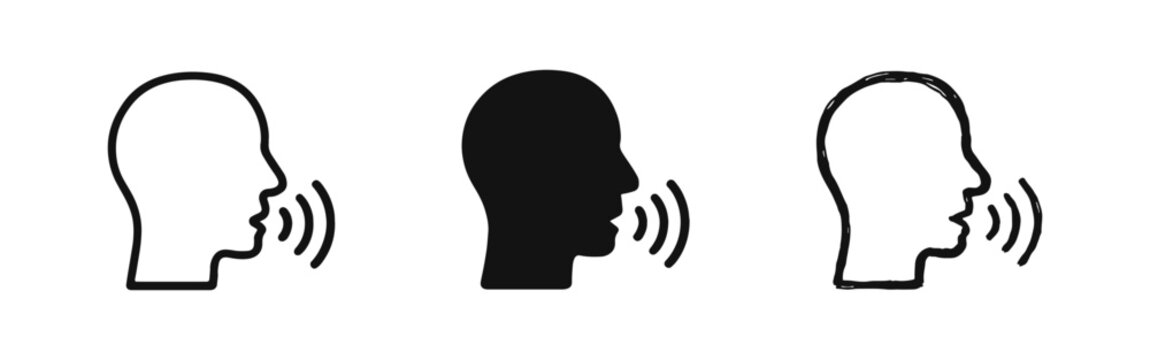 Human head profile and speaking voice wave icon set