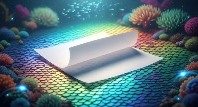 A single sheet of translucent vellum paper crinkled on an iridescent, scaled surface with an underwater coral reef background