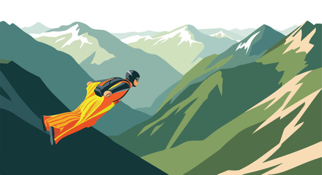 A wingsuit flyer glides through the air above a scenic range of mountain peaks