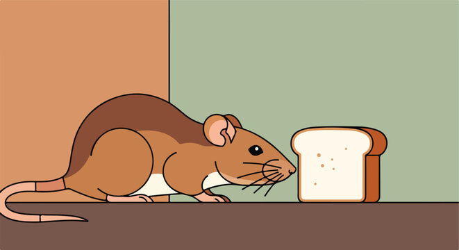 A flat vector illustration of a brown mouse sniffing a slice of white bread