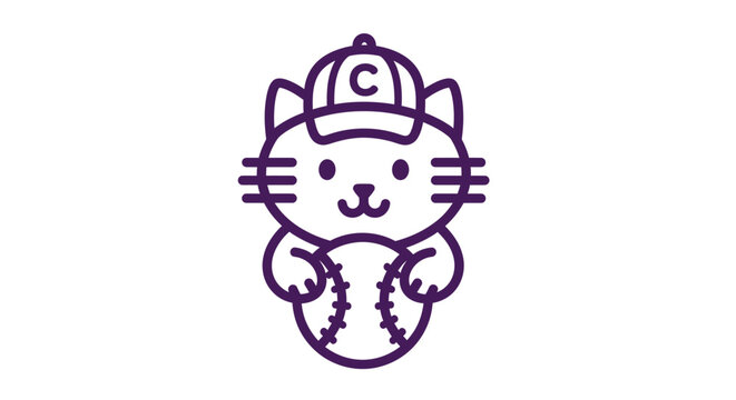 Cute minimalist line art cat wearing baseball cap holding ball