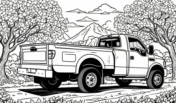 Black and white coloring book page,  A truck rear view pretending to be royal, admiring blossoms,