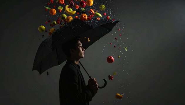 傘を開くと雨の代わりに色とりどりのフルーツが降ってくるシュールな風景