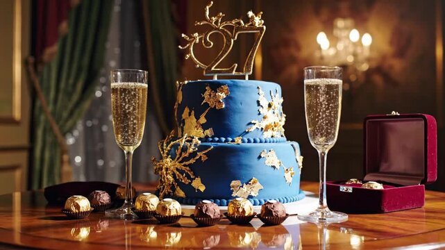 Luxurious 27th Birthday Celebration with Blue Cake, Gold Accents, Champagne, and Gifts in a Romantic Setting