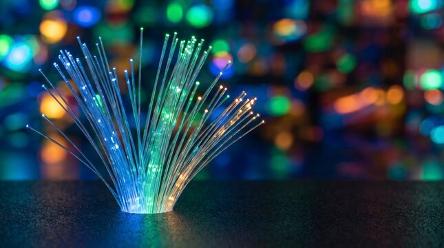 Illuminated bundle of transparent glass optical fibers glowing with vibrant blue green and yellow light against a bokeh background of colorful blurred circles symbolizing data transmission