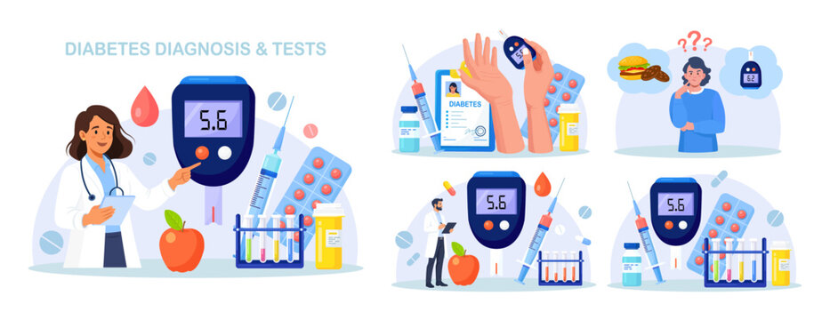 Diabetes mellitus banner. World diabetic awareness day. Doctors testing blood for glucose using glucometer for hypoglycemia or hyperglycemia diagnosis. Type 2 diabetes. Physician measuring sugar level