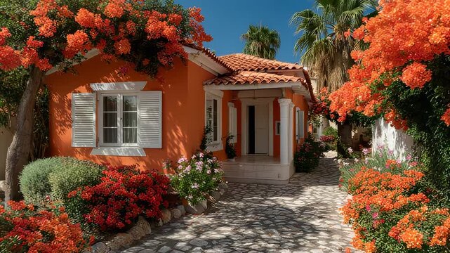 Vibrant Mediterranean villa facade with orange stucco and terracotta roof, surrounded by lush blooming red and orange flowers on a sunny stone path.