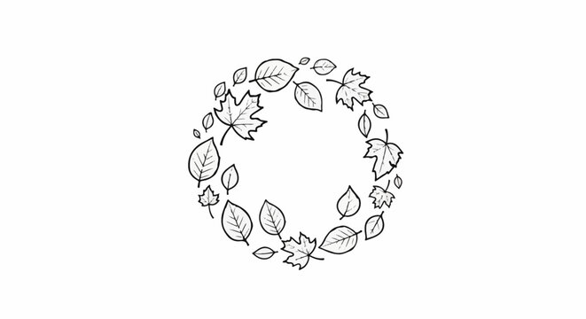 Circle of falling leaves drawn with simple outline and shading