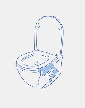 Cleaning a toilet with a rim using cloth drawing in graphic style on blue background