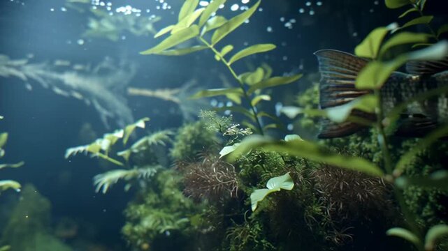 A school of tropical fishes swims gracefully through an aquatic marine aquarium filled with vibrant blue water and nature inspired coral reef elements
