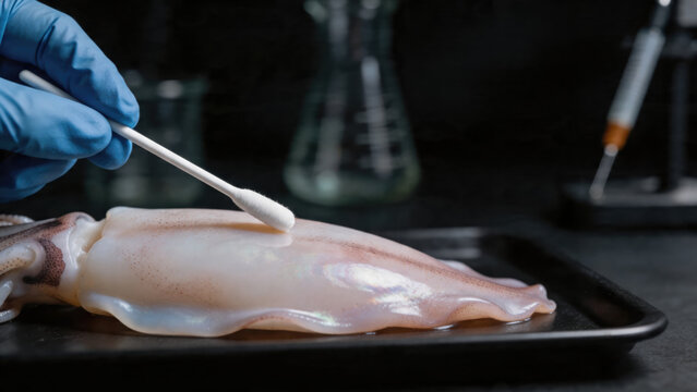 Laboratory food squid sample testing with gloved hand and cotton swab