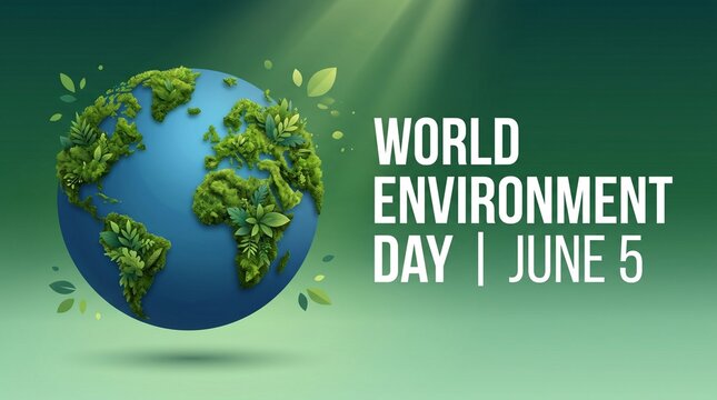 Image is a digital illustration featuring a stylized representation of Earth on the left side, with continents depicted in lush green textures resembling moss or foliage, set against a smooth blue oce
