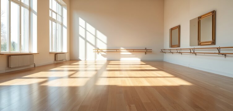 Sunlight streams into an empty dance studio with wood floors and mirrored walls. A barre runs along the wall for ballet exercises. Natural light fills the space creating a calm, bright atmosphere.