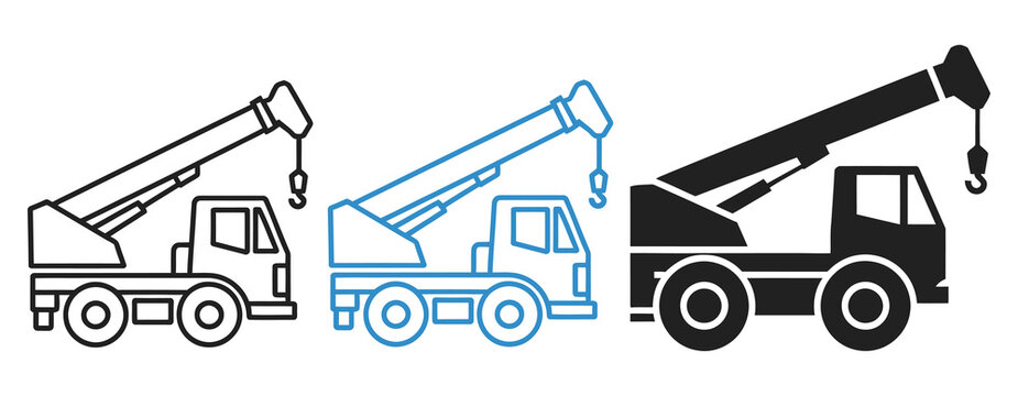 Crane truck icon set, construction tow truck with lifting hook in outline and solid glyph styles, vector illustration isolated on transparent background, industrial and heavy equipment symbols.