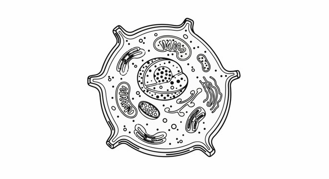 Detailed diagram of a single cell, showing nucleus, mitochondria, and other organelles