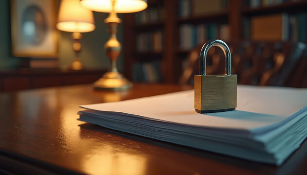 Metal padlock secures stack of paper documents on wooden office desk. Bookshelf background with lamps suggests library or legal office. Confidential files are safe and protected.