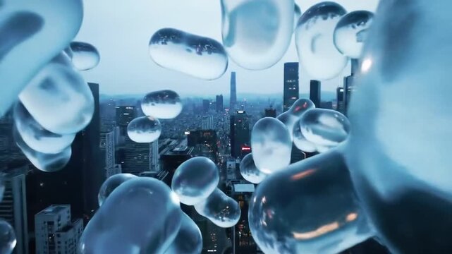 Abstract cgi of floating bubbles over a cityscape conceptual background