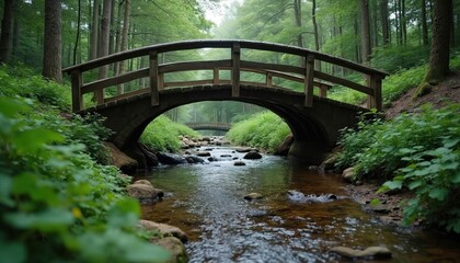 Fototapeta premium Wooden arched bridge over stream in green forest. Lush foliage lines water flowing over rocks. Misty trees create peaceful nature scene. Serene pathway beckons exploration.
