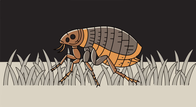 Stylized illustration of a flea walking through grass under a dark sky