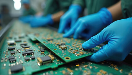 Fototapeta premium Hands in blue gloves sort electronic circuit boards on conveyor belt. Workers assemble tech devices at a production line. Precision work on computer components for manufacturing.